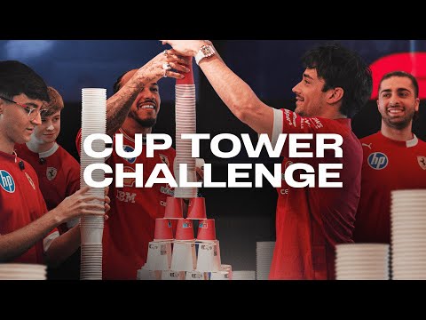 “You can’t put cups in cups!” | Scuderia Ferrari vs Ferrari Esports in Cup Tower Challenge!