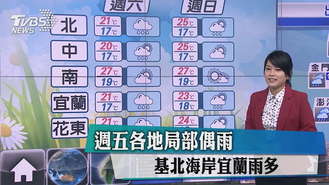 各地雲量多局部雨   基北海岸宜蘭雨多