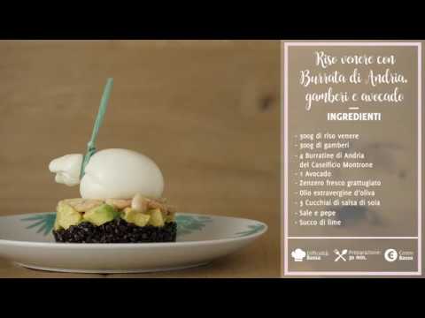Ricetta con Burrata di Andria IGP: Riso venere burrata, gamberetti, avocado โ Caseificio Montrone