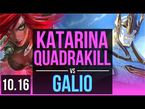 KATARINA vs GALIO (MID) | Quadrakill, 1.6M mastery points, 4 early solo kills | BR Diamond | v10.16