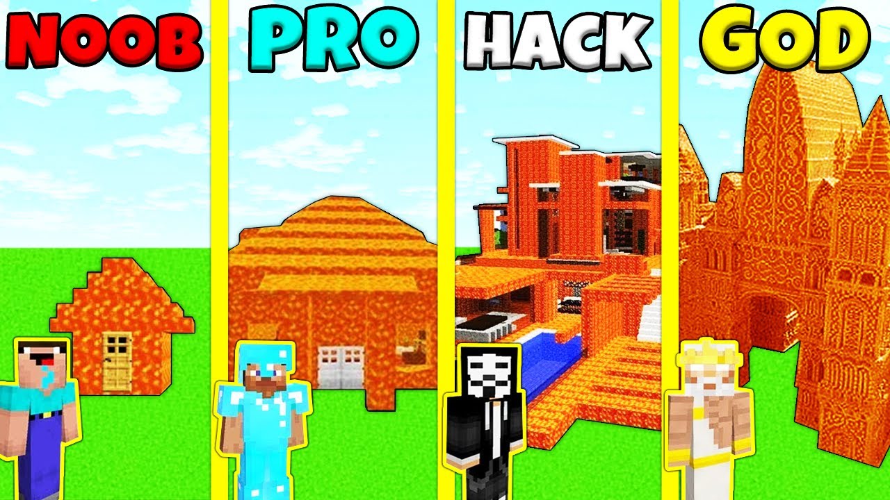 Minecraft Battle: LAVA HOUSE BUILD CHALLENGE - NOOB vs PRO vs HACKER vs GOD / Animation