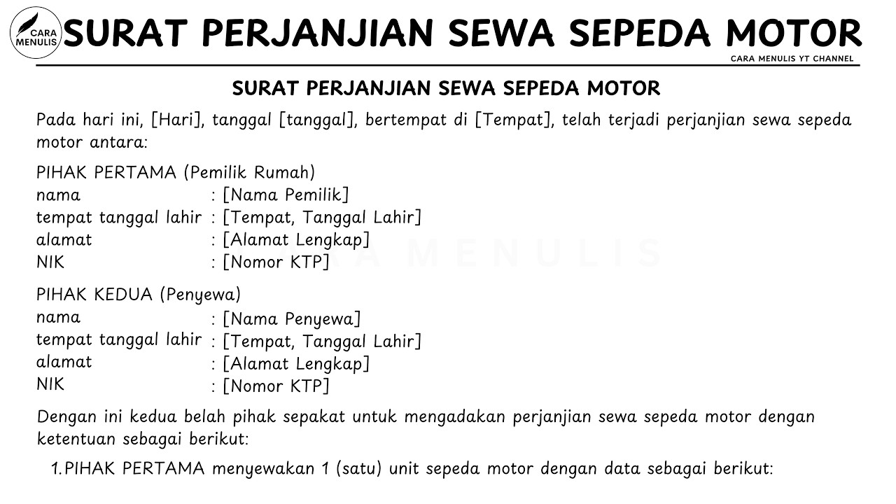 CARA MENULIS SURAT PERJANJIAN SEWA MOTOR BERMATERAI