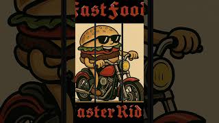 🍔バイクに乗るハンバーガー!? #オリジナルTシャツ #アメコミデザイン #ストリートスタイル  https://akndesign.base.shop/  販売中！