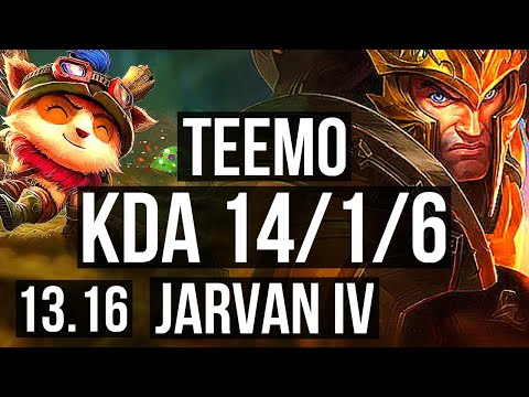 TEEMO vs JARVAN IV (JNG) | 14/1/6, 1000+ games, 1.5M mastery, Legendary | EUW Grandmaster | 13.16