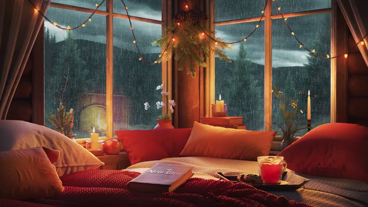 Rain in Wooden Hut with Fireplace | Deep Sleep Background Sounds with Rain on Window