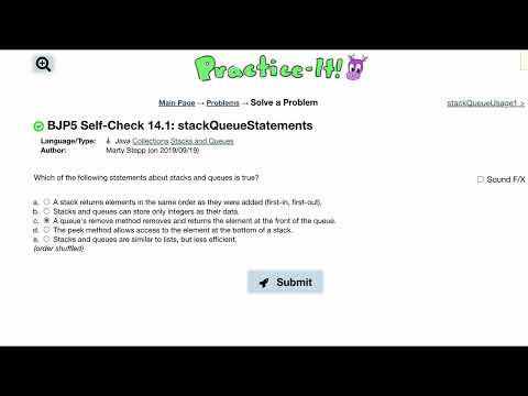 Java Practice It | Self-Check 14.1: stackQueueStatements | Collections, mystery, Stacks and Queues