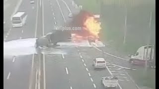 Momento de volcadura y explosión de pipa en la Veracruz-Cardel VIDEO