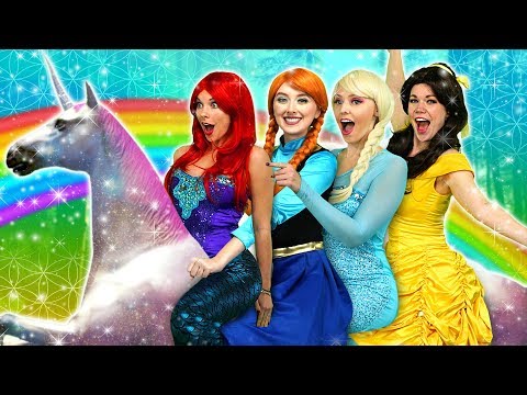 DISNEY PRINCESS MAGICAL UNICORN RIDE (with Frozen Elsa, Anna, Ariel and Belle)