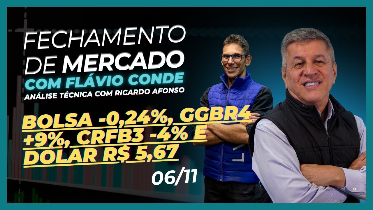 06/11 - Bolsa -0,24%, GGBR4 +9%, CRFB3 -4% e Dólar R$ 5,67