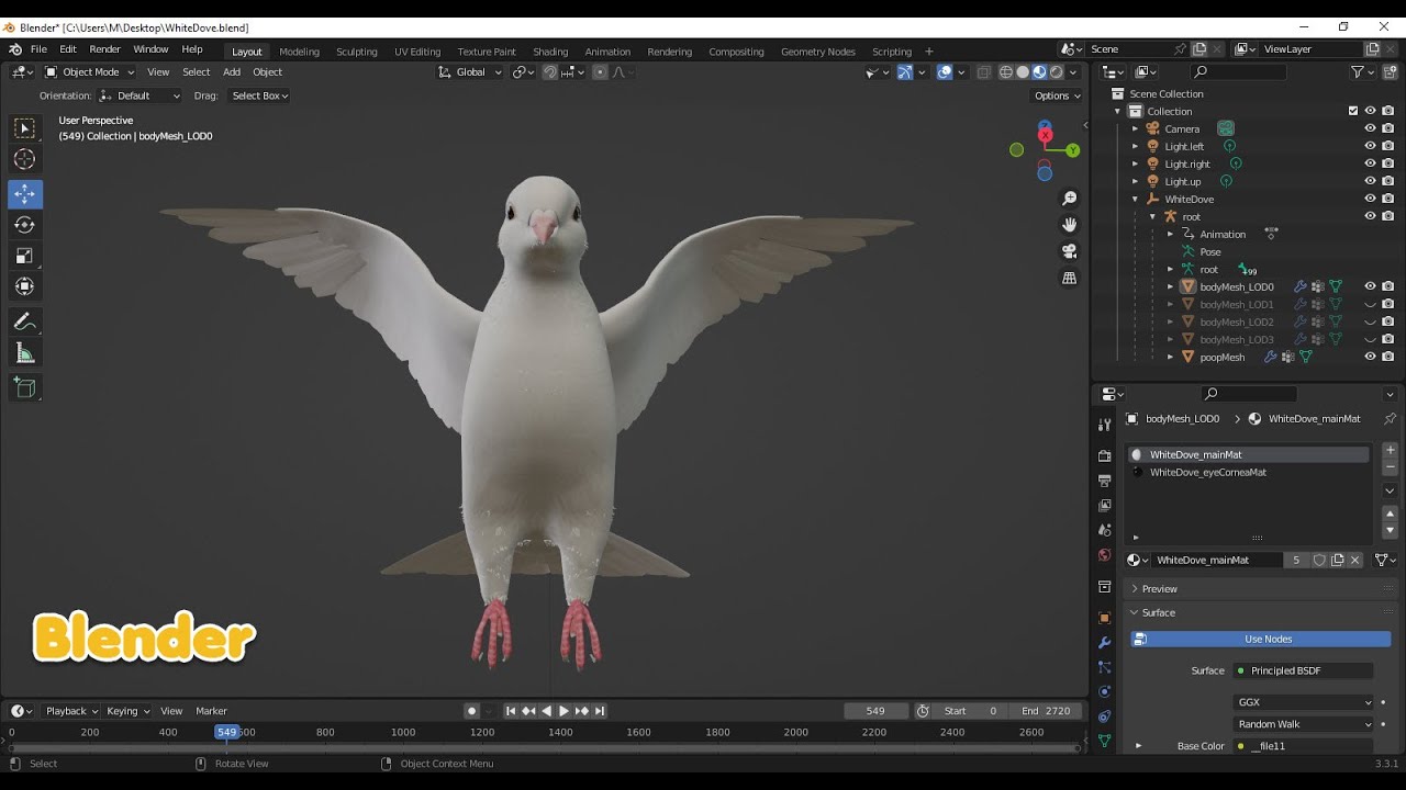 Realistic Animated White Dove Low-poly 3D Model