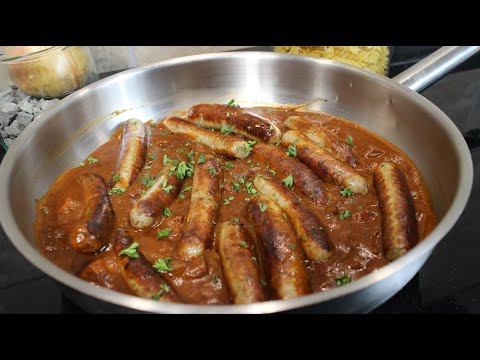 Bratwurst pan with delicious mustard gravy, perfect for mashed potatoes
