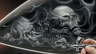 Skulls Airbrushed on a Harley Davidson Tank