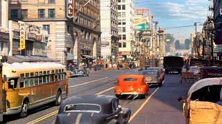 Busy Los Angeles 1940s in color [60fps, Remastered] w/sound design added