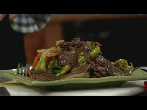 Mass Appeal Asian orange beef, broccoli and red peppers