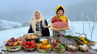 Rice Stuffed with Juicy Meatballs Over Wood Fire | Snowy Village Cooking!