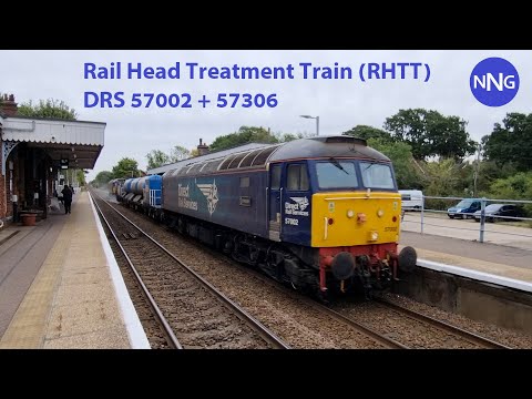 DRS Rail Head Treatment Train 3S01 (RHTT) - 57002 & 57306 - sprays past Wymondham Station 30/9/22