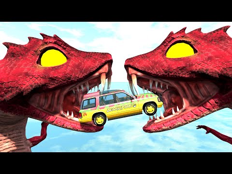 Jumping Cars Through The Mouth Of Giant Lizard - BeamNG.Drive
