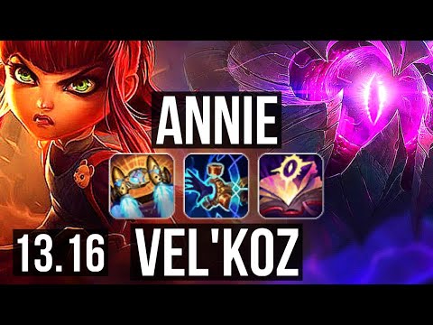 ANNIE vs VEL'KOZ (MID) | 3.6M mastery, 1900+ games, 7 solo kills, 14/2/5 | EUW Challenger | 13.16