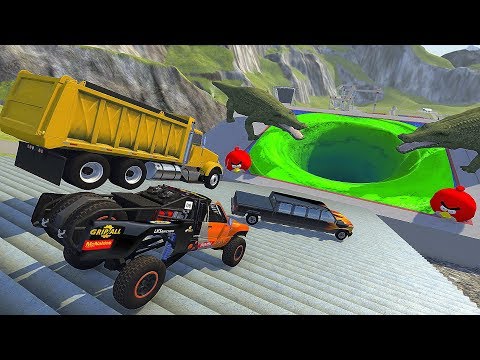 Stairs Jumps Down In Green Slime Water Vortex Pool With Crocodiles - BeamNG.drive Down Stairs Jumps