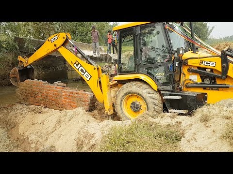 JCB Pulling and Throwing Out Bridge Wall - JCB Working For New Bridge Construction - JCB Video