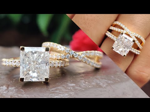 4.3 TCW Radiant Colorless Moissanite Pave Setting Engagement Ring with Crossover Wedding Band