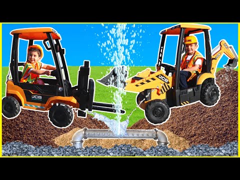 Big diggers in the mud playing with kids ride on excavator, backhoe and forklift | educational