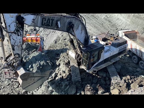Caterpillar 375 Excavator Loading With Three Passes Mercedes And MAN 4 Axle Trucks
