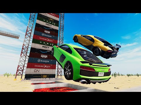 Cars Vs 20 High Mega Container Jump Test Parkoour - Speed Car Crash - BeamNG Drive