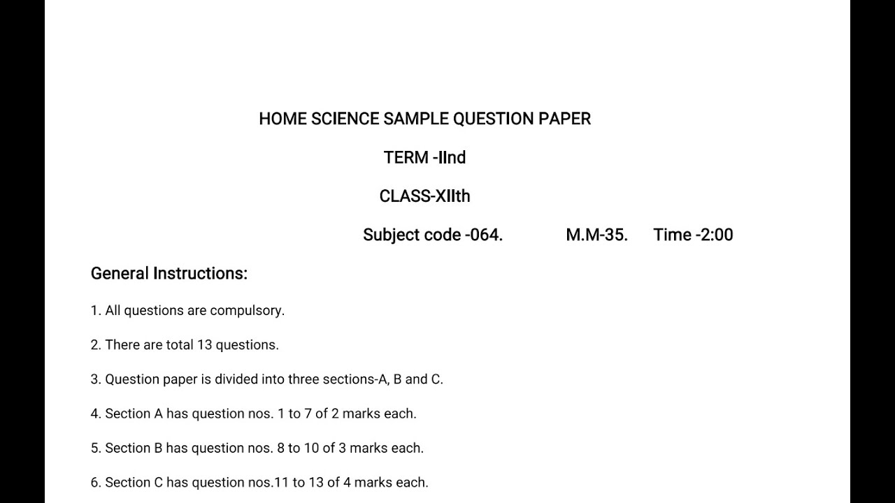 HOME SCIENCE SQP FOR CLASS XII #TERM II 2022