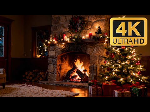12H Christmas Fireplace 4K 🎅 Cozy Crackling Fire & Festive Lights for Relax & Study (No Music)