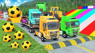 Flatbed Trailer McQueen Transportation with Truck - Speedbumps vs Cars vs Train - BeamNG.Drive #581