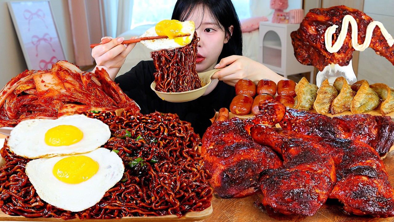 ASMR MUKBANG| 직접 만든 짜파게티 자메이카 양념치킨 만두튀김 소세지 김치 먹방 & 레시피 FRIED CHICKEN AND BLACK 