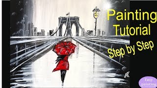 How to paint a WOMAN with red UMBRELLA. Painting Tutorial LADY red DRESS Step by Step