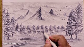 رسم منظر طبيعي بالرصاص بالخطوات