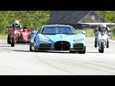 Ducati 1299 Panigale S vs Bugatti Hypercars vs Batmobile vs Supervan 3 vs F1 Ferrari at Old SPA