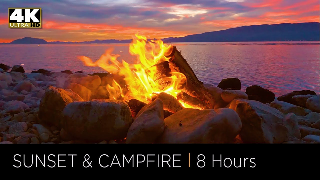 8 Hours of Relaxing Campfire by a Lake at Sunset in 4k UHD, Stress Relief, Meditation & Deep Sleep