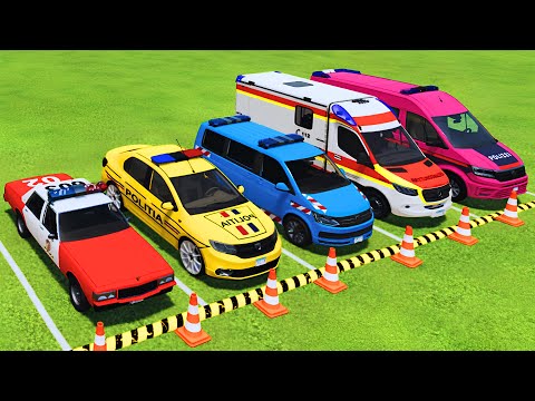 LOAD AND TRANSPORT POLICE CARS, COLOREFUL CARS, AMBULANCE WITH MAN TRUCKS -FS22
