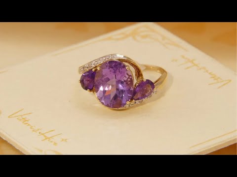 Vintage Amethyst Diamond Yellow Solid Gold Ring Evil Eye Design 1990s, Size P 7.5 55