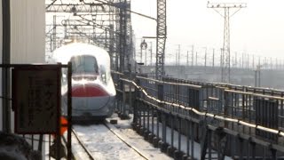 preview picture of video 'Japan Trains: E6/E5 Shinkansen arrival at Morioka, 31Dec14'