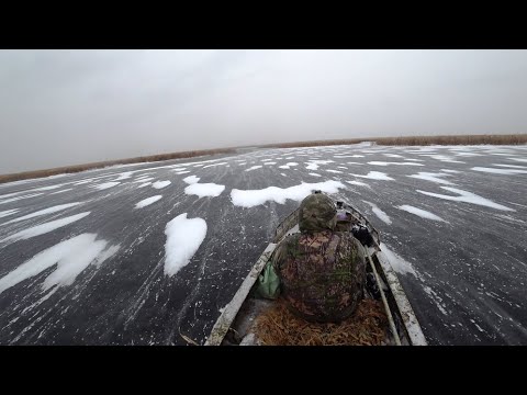 Ломаем лодкой лед. Закрылись по утке. Наловили ратанов на мясо косули