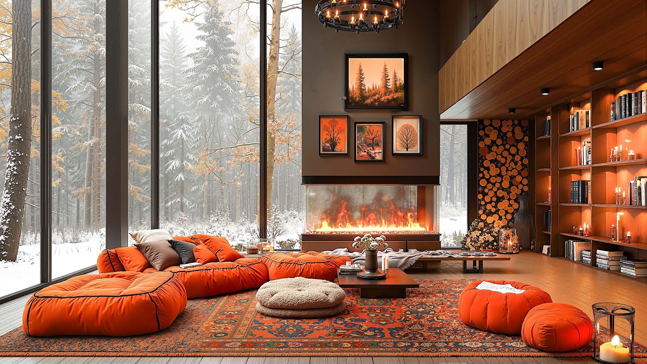 Winter Jazz Music 🎶 Cozy Living Room with Fireplace ❄ Snowing White Forest Ambience to Relax