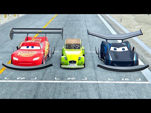 Lightning McQueen GTR vs Citroen 2CV Monster vs Jackson Storm GTR - Drag Race