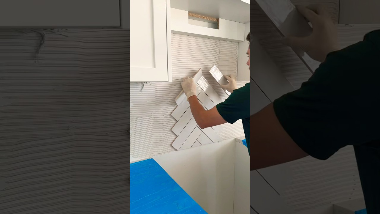 DIY herringbone tile backsplash installation #tilesgop #kitchen #diy