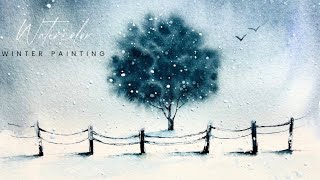 Lonely Winter Tree Watercolor Painting | Snowy Landscape Tutorial