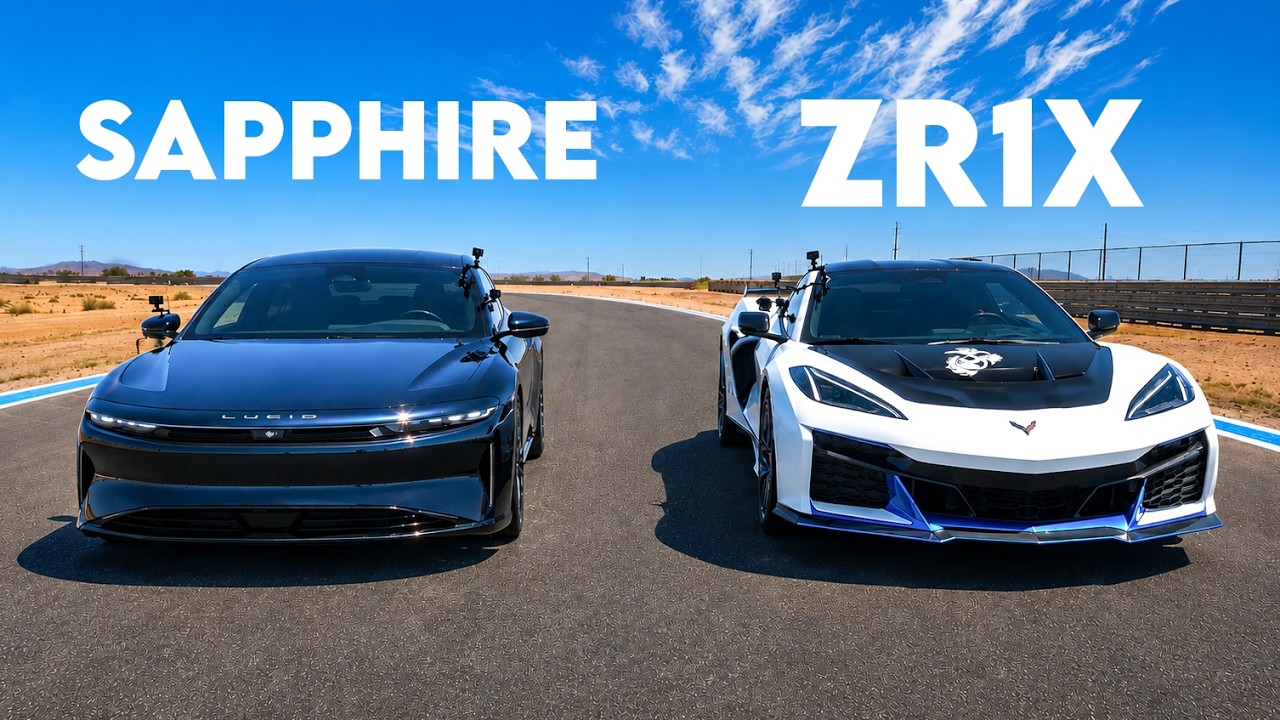Lucid Air Sapphire and Corvette ZR1X lined up side by side at a drag strip