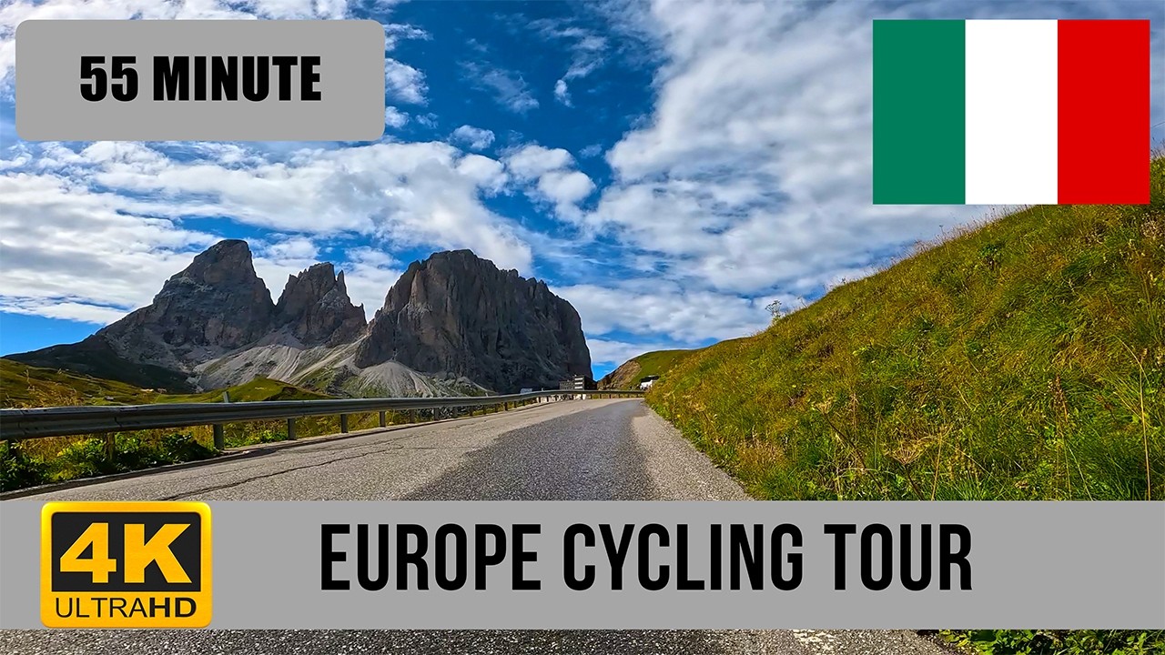 Europe cycling tour:  4K Full Ride Canazei to Passo Passo Sella - indoor bike workout - 🇮🇹