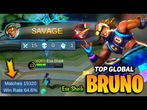 SAVAGE! Offlane Bruno 15000+ MATCH [ Top Global Bruno Best Build 2021 ] Esa Shaik - Mobile Legends