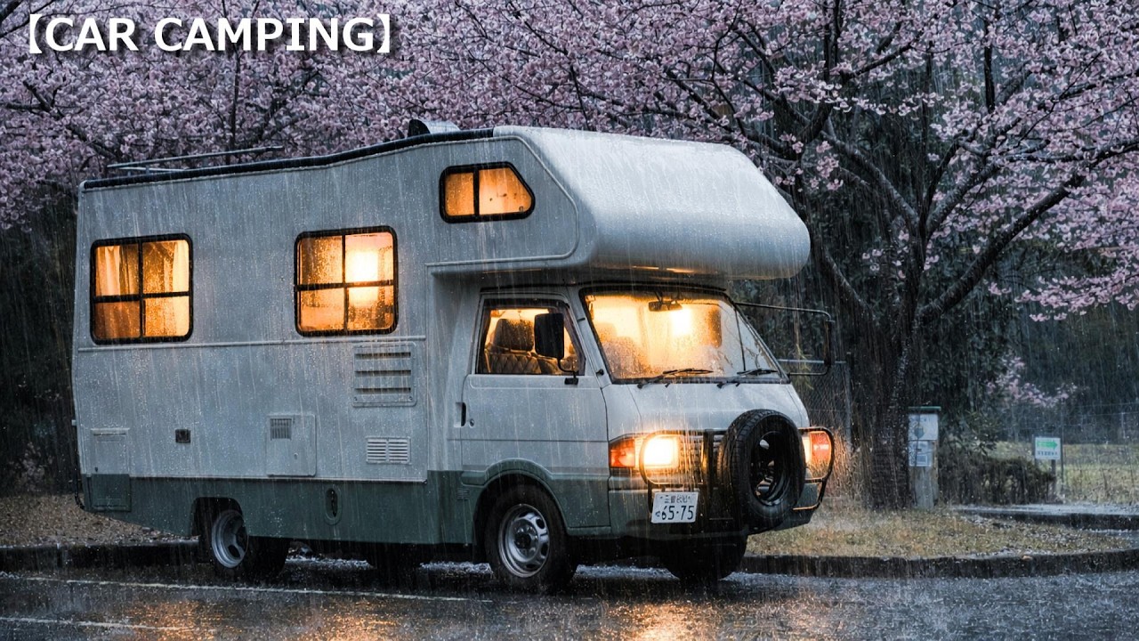 突然の激しい雨と桜｜寝れない春の車中泊。旧車キャンピングカーが安らぎの場所