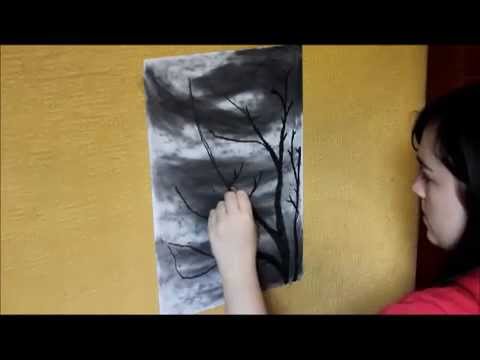 Stormy Sky and Dead Tree Charcoal Drawing