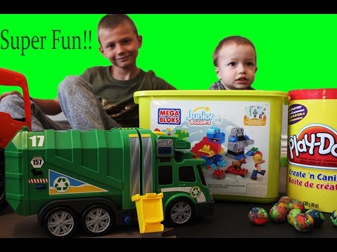 Green Garbage Trucks Videos for Children | Garbage Truck pickup Play Doh balls & Lego Mega Blocks!